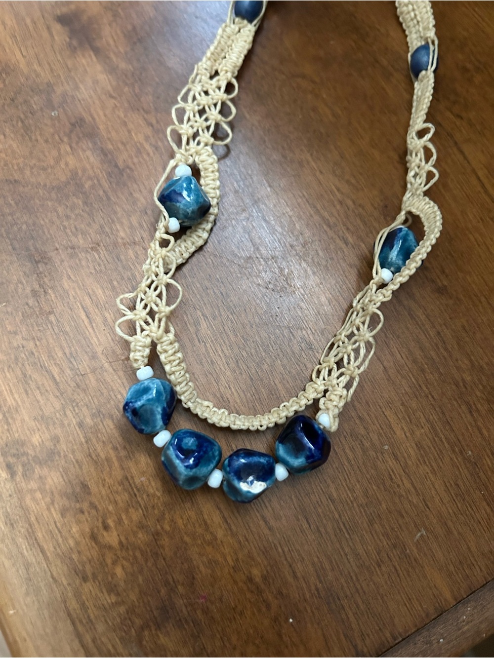 Vintage Handmade Blue Bead Macrame Necklace - Natural Beige Cord